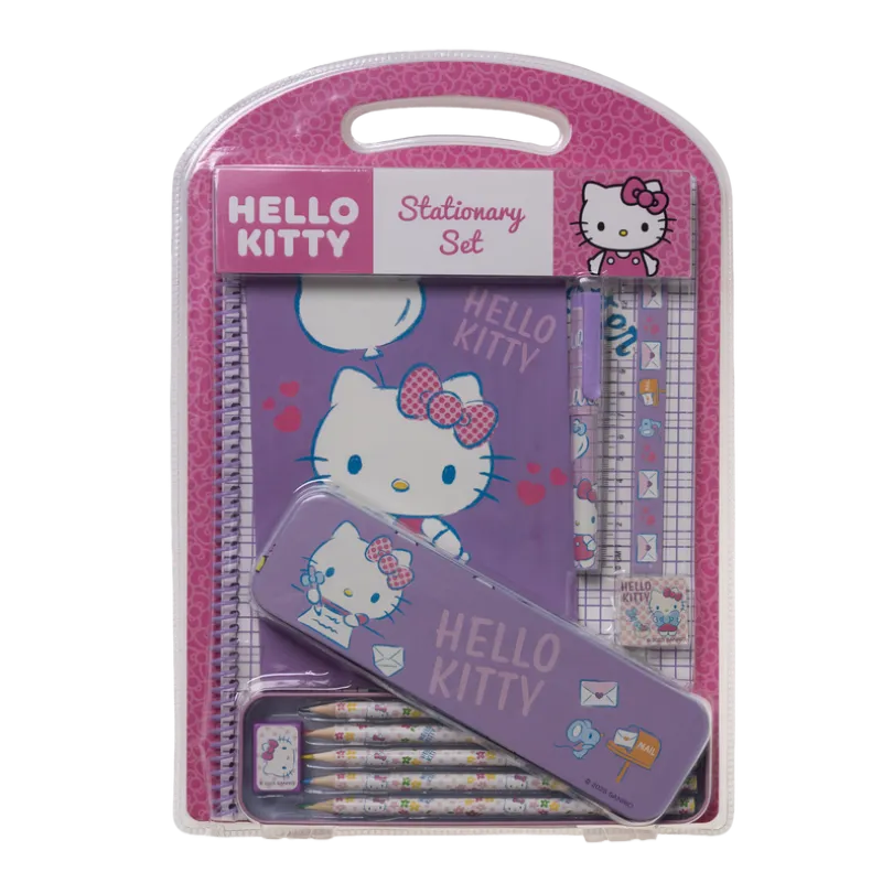 HELLO KITTY, stort skrivesett med metallpenal og A4-notatbok