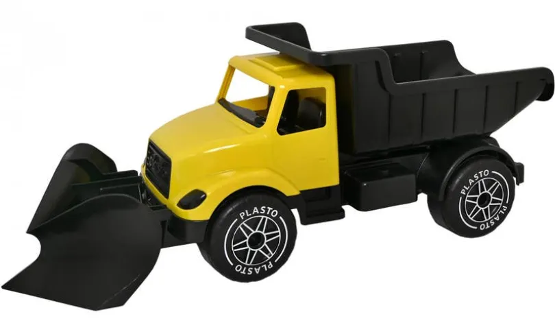 Plasto - Stor Plogbil 82 cm, gul hytt og svart tippbart lasteplan