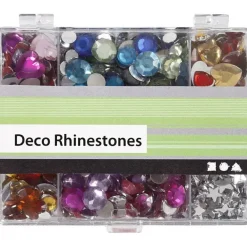 Rhinestones i eske, blå, rosa, sølv, runde, stjerner, hjerter