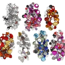 Rhinestones i eske, blå, rosa, sølv, runde, stjerner, hjerter
